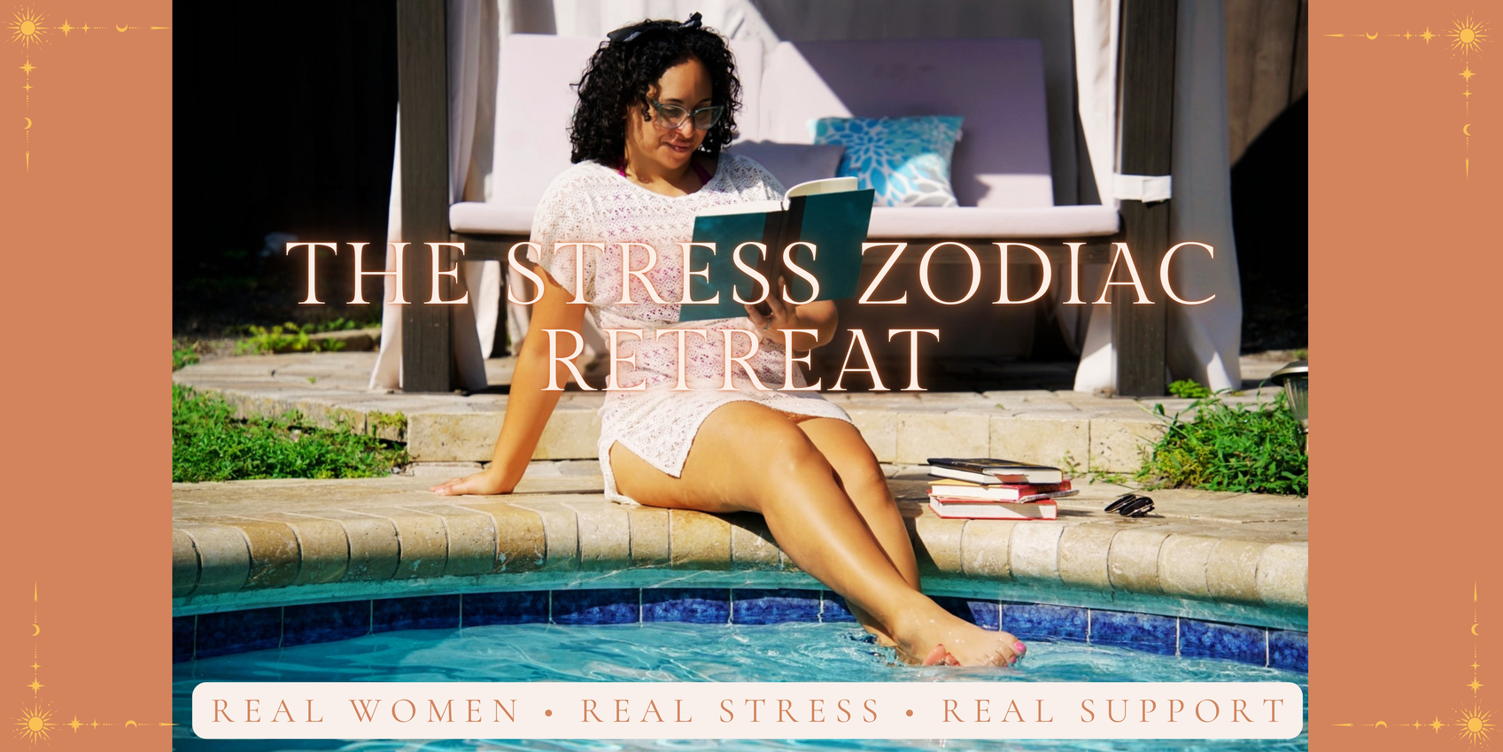 Woman reading by a pool at The Stress Zodiac Retreat