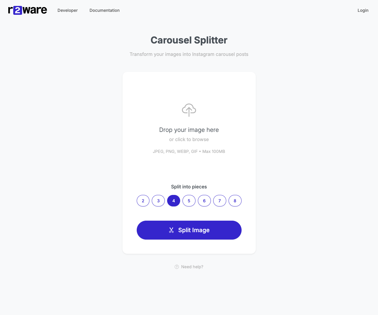 The Carousel Splitter tool, ready for an image upload
