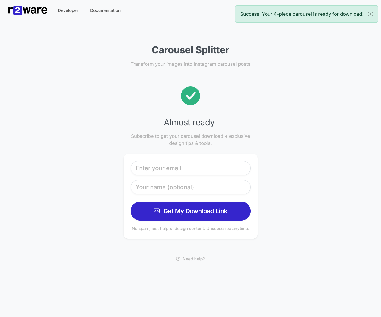 Success message after splitting the image into 4 carousel pieces