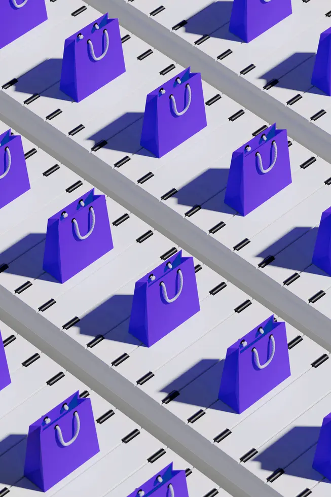 Isometric grid of indigo shopping bags arranged in rows