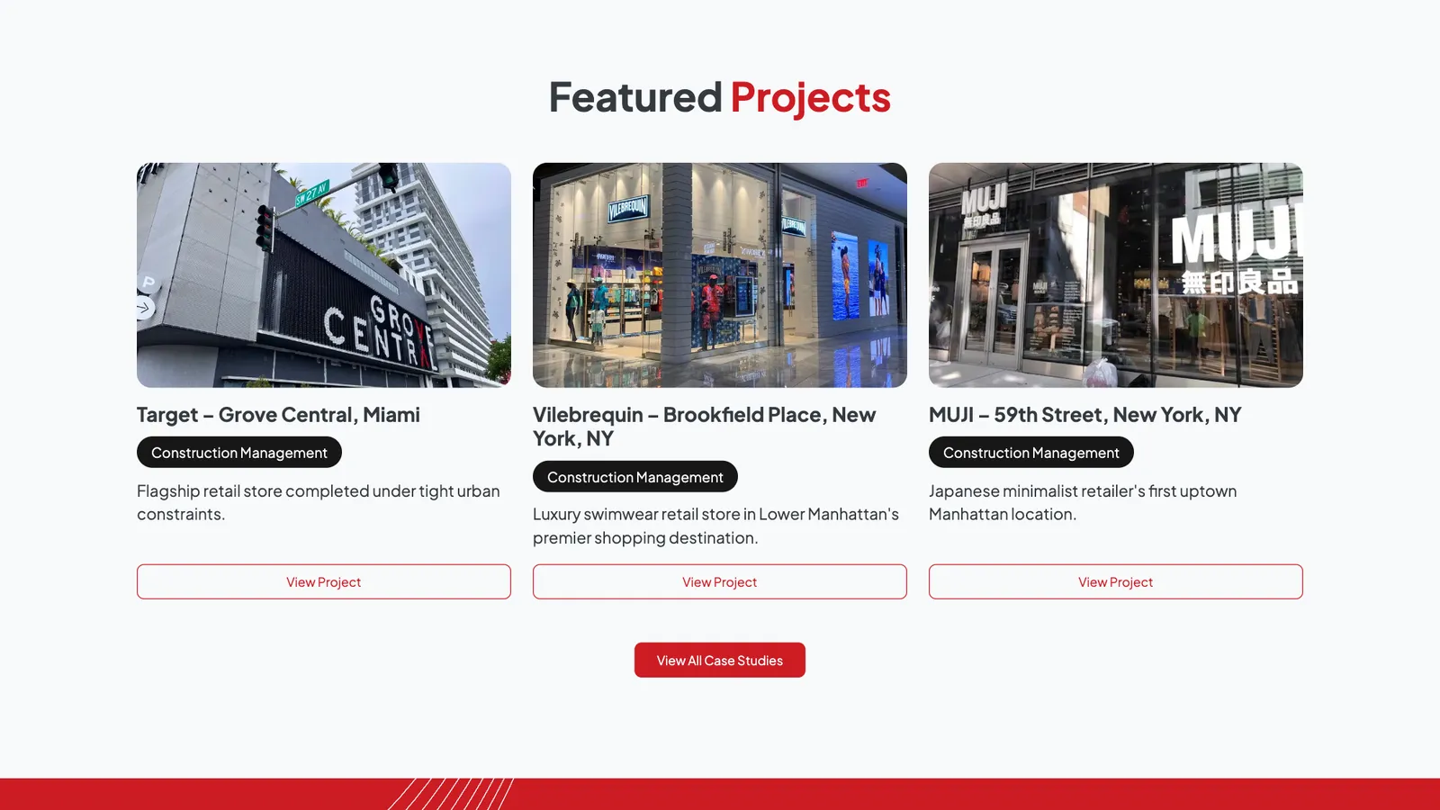 Featured Projects — Target Grove Central, Vilebrequin Brookfield Place, and MUJI 59th Street