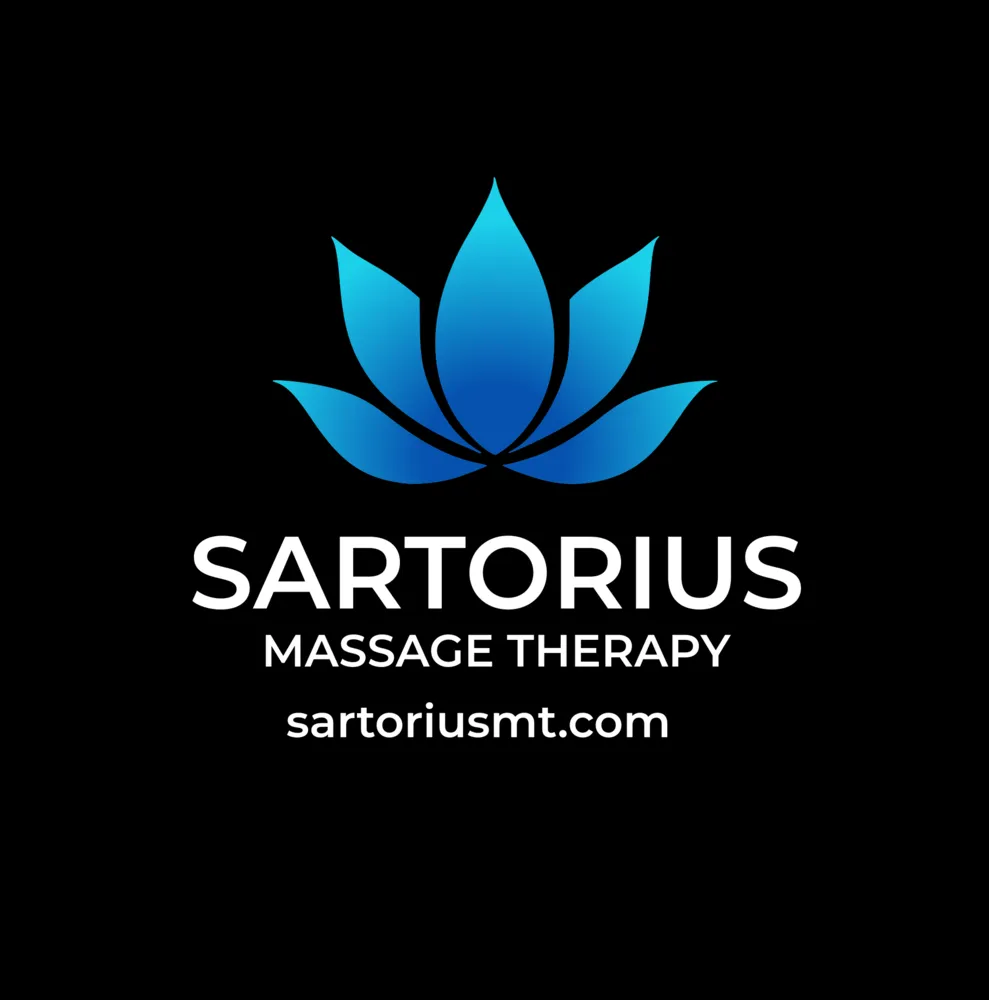 The Sartorius Massage Therapy lotus logo in blue against a black background