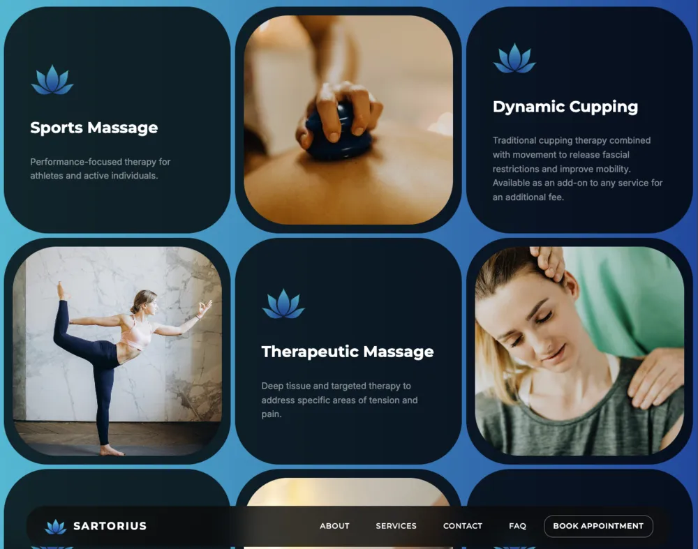 The Sartorius website services grid featuring Sports Massage, Therapeutic Massage, and Dynamic Cupping