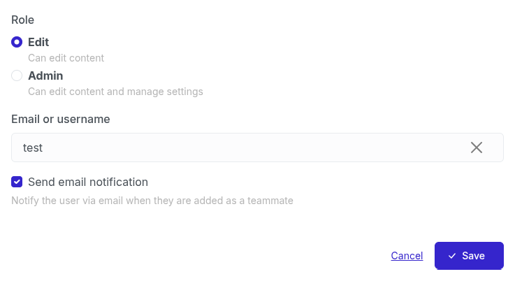 The Add Teammate form with Edit selected, an account chosen, and email notification checked