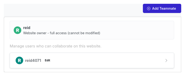 The Teammates page with the Add Teammate button above the current teammates